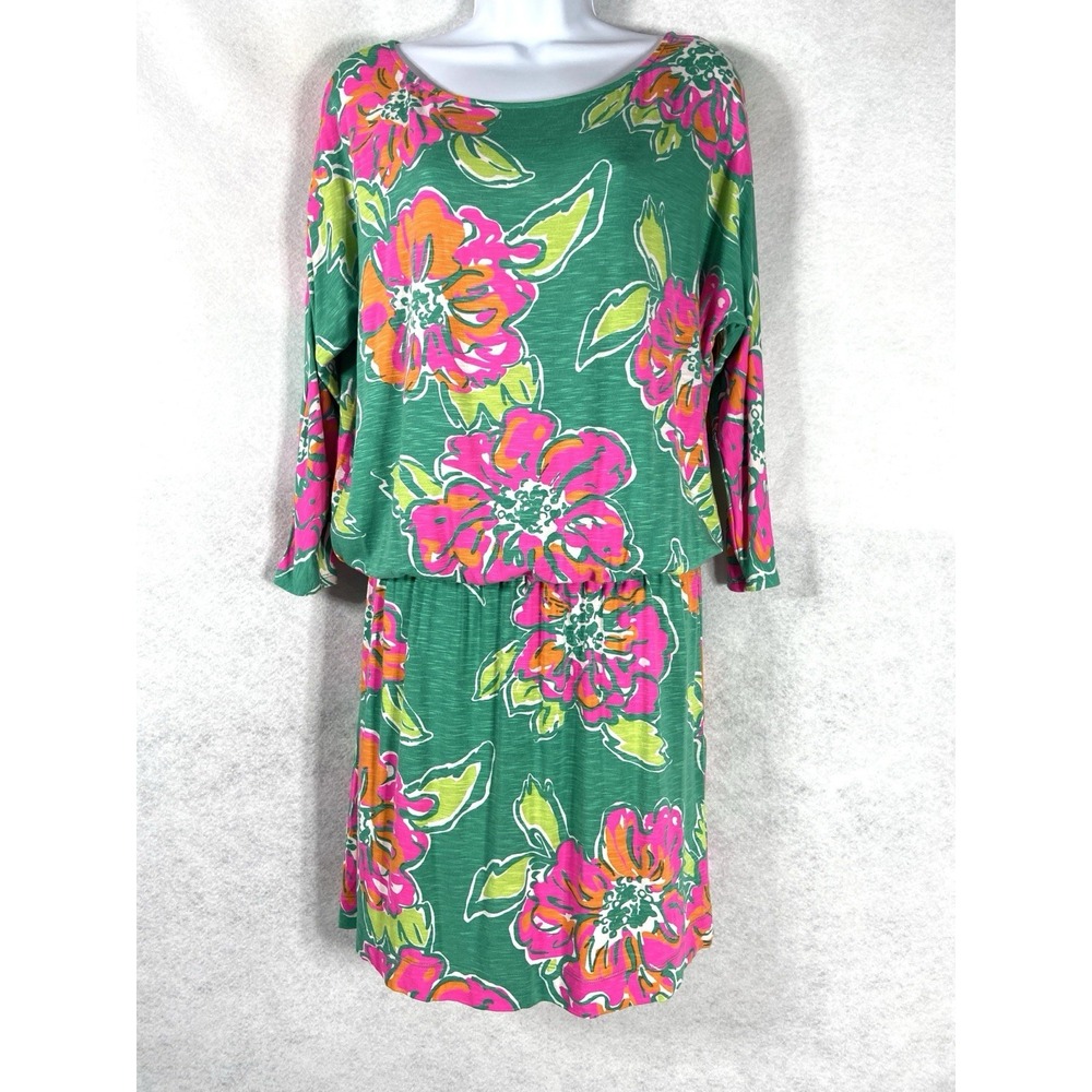 Lilly Pulitzer Dress Women's Small Green Pink Shift Floral 3/4 Sleeves Preppy